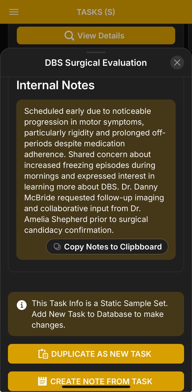 Tasks Detail Page (DBS Surgical Eval, Internal Notes)